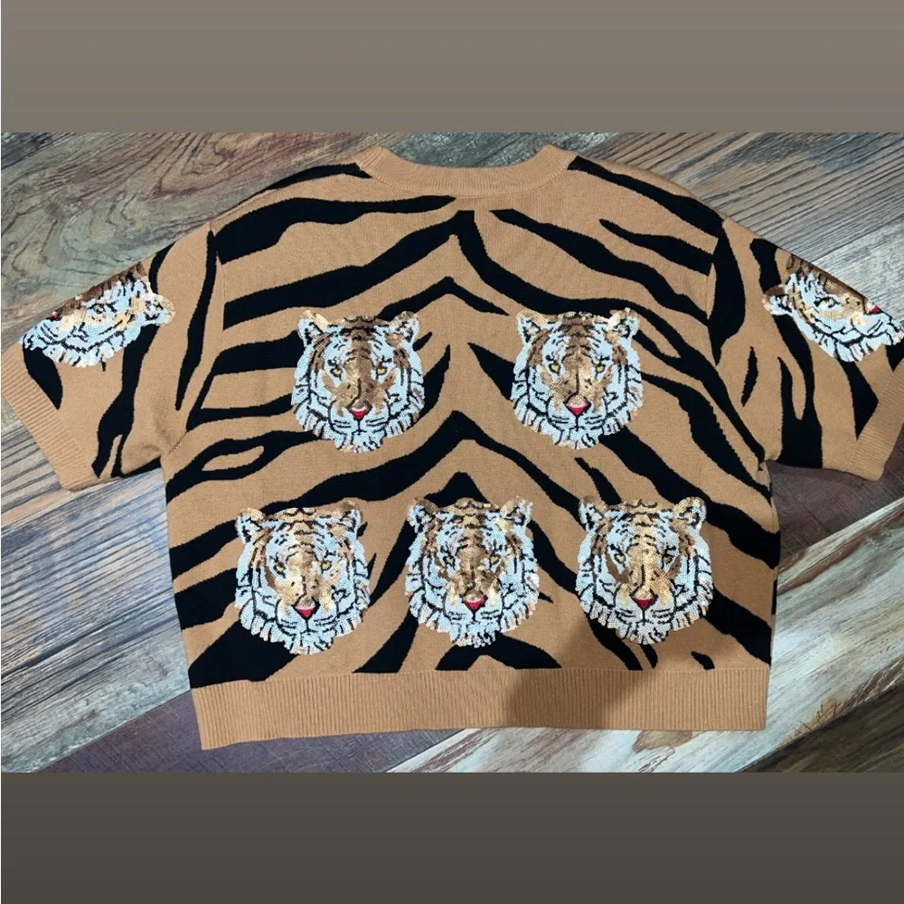 QUEEN OF SPARKLES Tiger Print Blouse in Black and Tan - Picture 2 of 5